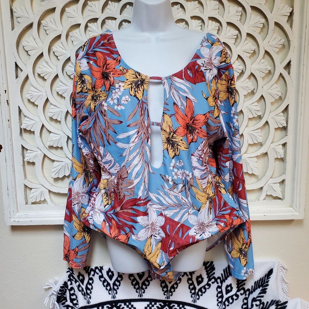 Shein Long Sleeve Floral Leaf Print Swimsuit Women's 3XL